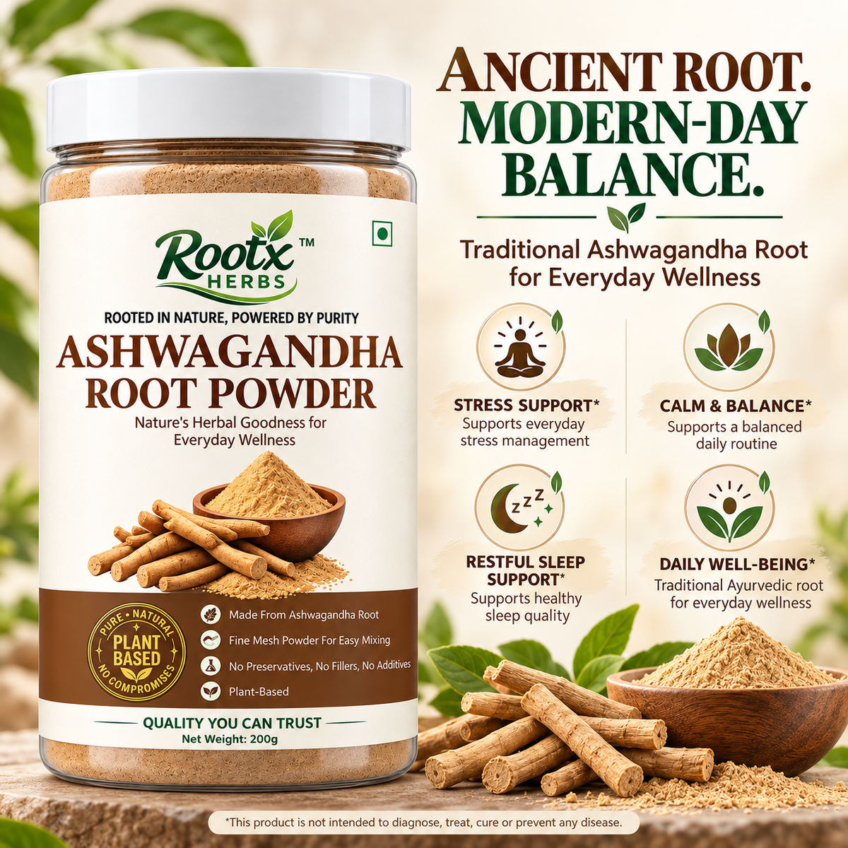Ashwagandha Root Powder | Pure Withania Somnifera Herbal Churna (200g)