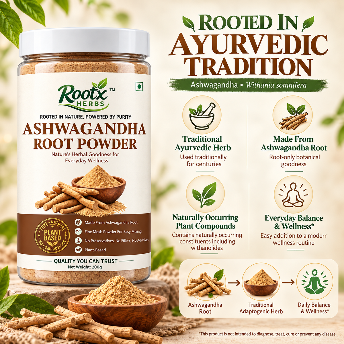 Ashwagandha Root Powder | Pure Withania Somnifera Herbal Churna (200g)