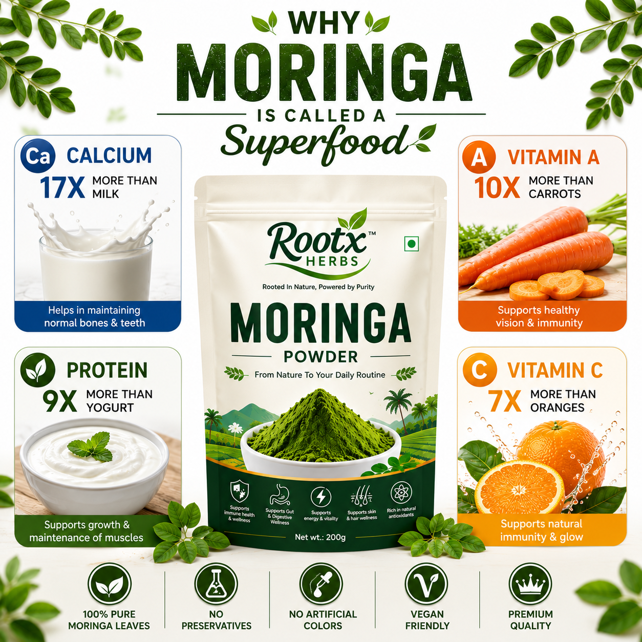 Moringa Powder | Pure & 100% Natural Superfood Premium Moringa Leaves Powder, Rich in Vitamins & Minerals, Daily Wellness Support  (100g)